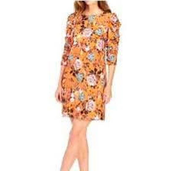 Laundry by Shelli Segal Size 12 Large Orange Floral Ruched Sleeve Fall Dress - Picture 1 of 6